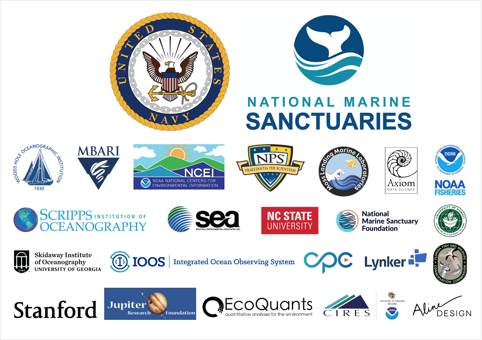 This image shows the logos for the NOAA Office of National Marine Sanctuaries and U.S. Navy, along with 23 additional institutional logos representing the large team of people who support the SanctSound monitoring project’s data collection, analysis, archive, and product distribution. 
